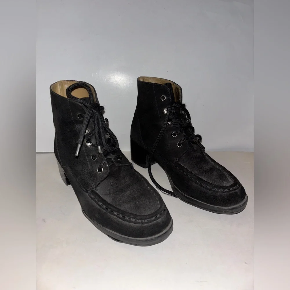 9 & Co Black Suede Lace-Up‎ Ankle Boots Women 7.5 Block Heel Moc Toe Outdoorwear